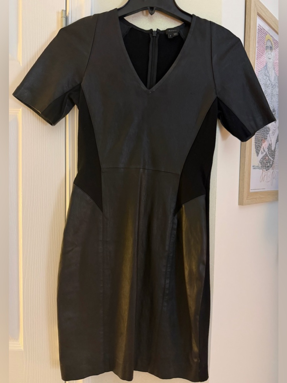 Theory Black Lambskin Leather V-Neck Short-Sleeve Dress - Picture 2 of 6